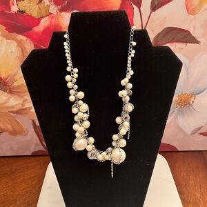 ABS Ivory Pearl Cluster Statement Necklace with Silver Rhinestone Accents